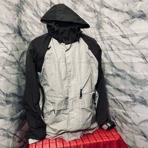 Two-Tone Black and Gray Raincoat with Large Hood and Lightweight Fabric